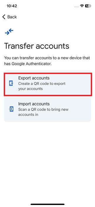 Selecting to "Export accounts" in Google Authenticator app.