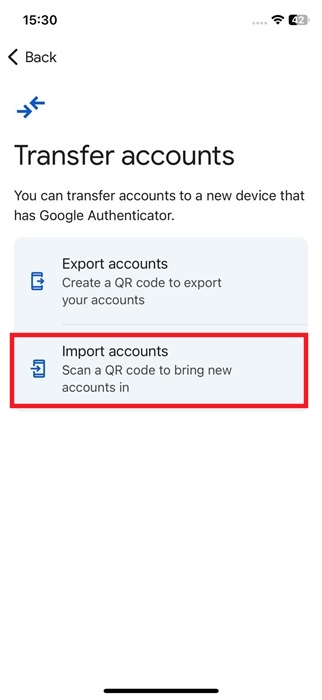 Pressing on "Import accounts" option in Google Authenticator app.