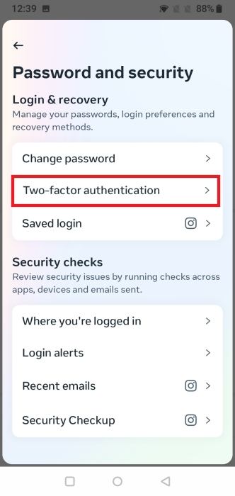 Pressing on "Two-factor authentication" in Instagram Accounts Center.