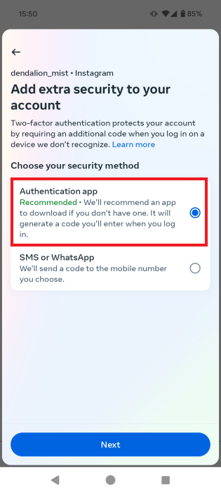 Tapping on "Authenticator app" in Instagram Accounts Center option to re-activate 2FA.