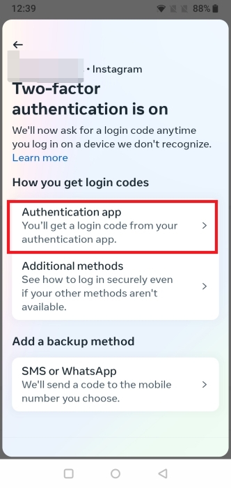 Opting for "Authenticator app" option in Instagram Accounts Center.