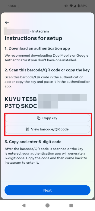 Option for adding Instagram account in Google Authenticator app.