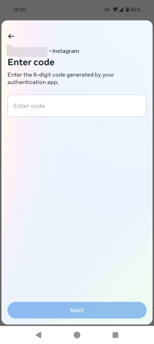 Inputting code from Google Authenticator into Instagram app.