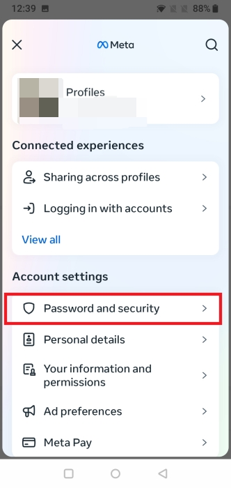 Selecting "Password and security" in Accounts Center in Instagram.