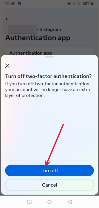 Tapping on "Turn off" button in Instagram app.
