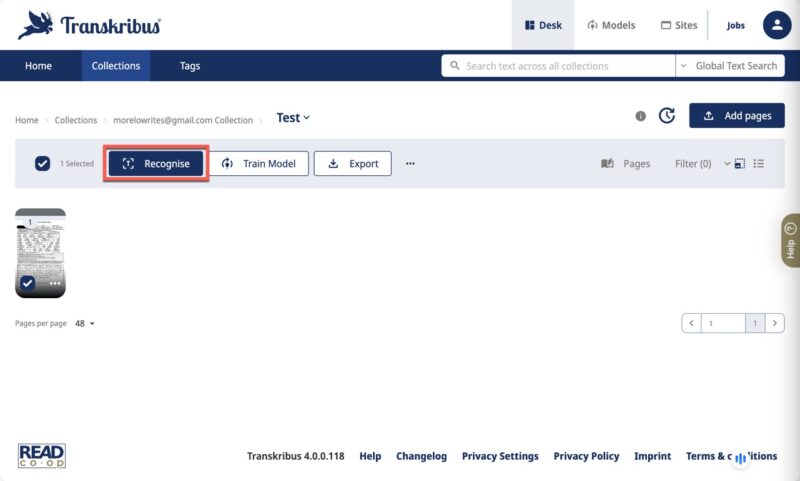 Transkribus Recognize Button