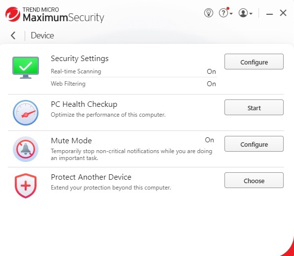 Maximum Security Device tab in Trend Micro.