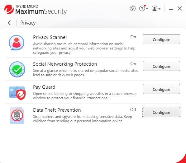 Trend Micro Premium Security privacy tab.