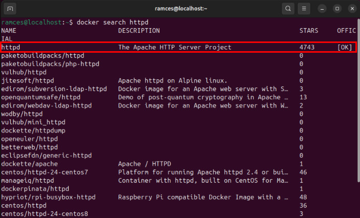 A terminal highlighting the httpd Docker image from the CLI tool.