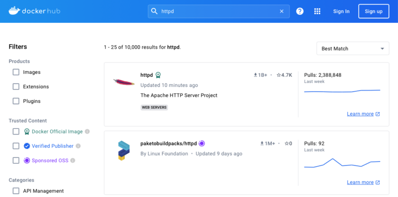 A screenshot showing the httpd Docker image from the Docker Hub website.