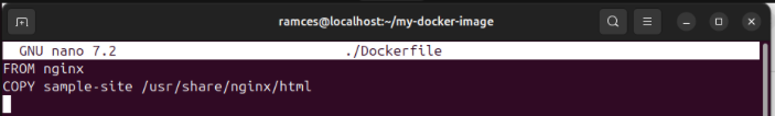 A terminal showing an example Dockerfile config for a custom Nginx image.