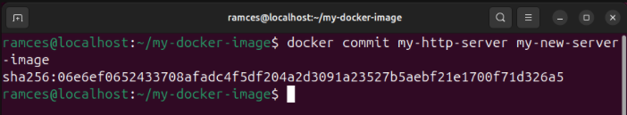 A terminal showing the commit subcommand creating a new image from a Docker container.