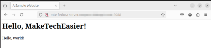 A screenshot showing a web browser opening the website being hosted by the custom Docker container.