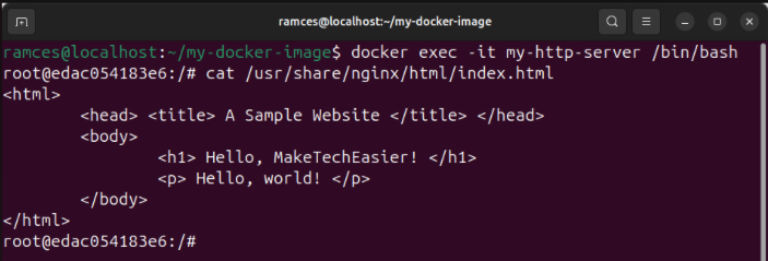 A terminal showing an HTML file copied in to a Docker container's root shell.
