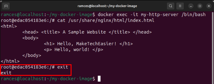 A terminal highlighting the exit command from the Docker container's root shell.