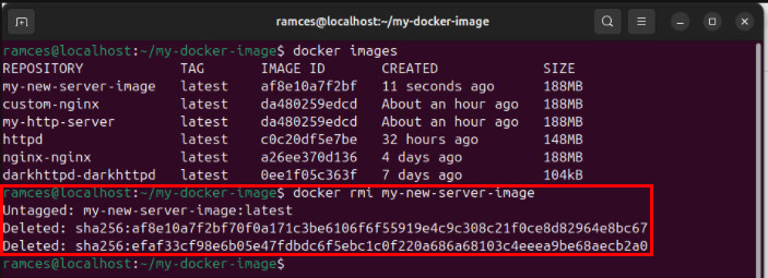 A terminal highlighting the output of deleting a Docker image from the system.