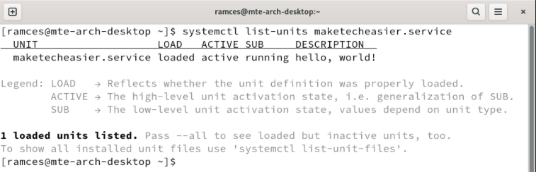 A terminal showing the custom Systemd unit's details.