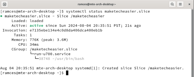 A terminal showing the details of the custom Systemd slice.