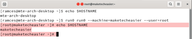A terminal showing the process of switching from the local system to the Systemd-nspawn container.