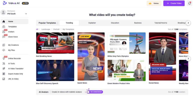 Vidnoz Ai Main Screen