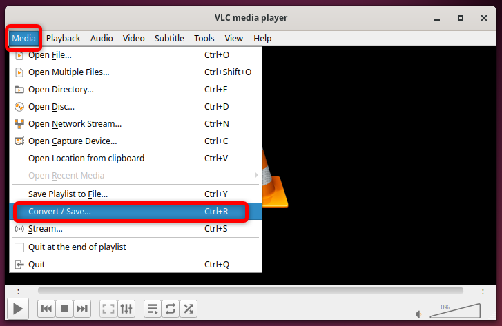 Opening Convert/Save window from Media dropdown menu of VLC