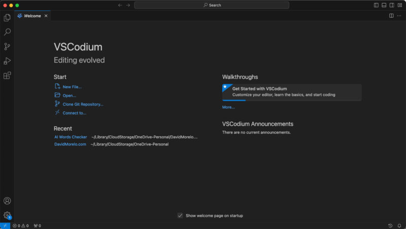 Vscodium Welcome Screen