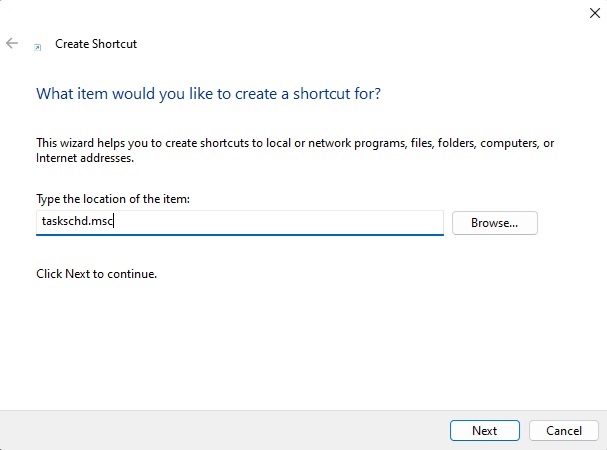 Creating a Task Scheduler shortcut for the Windows desktop.