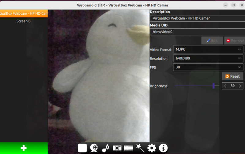 Interface of the Webcamoid webcam app displaying the settings of the webcam, including the current video resolution, FPS, and video format.