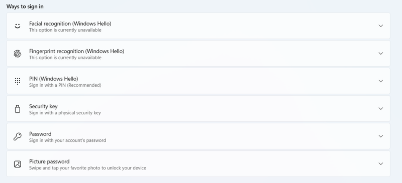 Windows Sign In Options