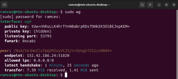 A terminal showing a running WireGuard VPN consisting of two nodes.