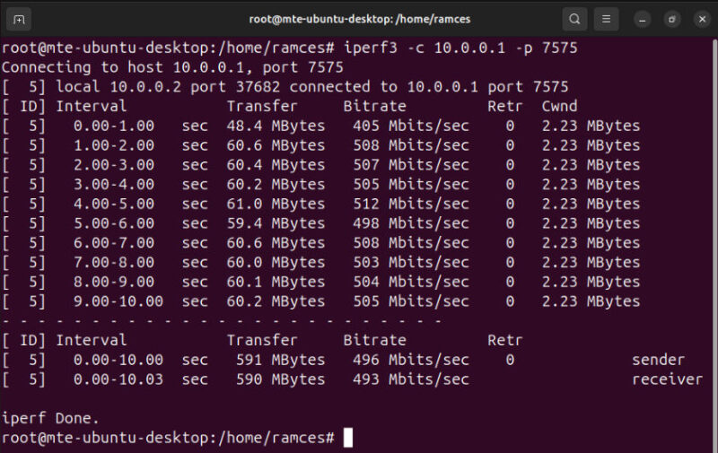 A terminal showing the iperf3 results between two WireGuard nodes.