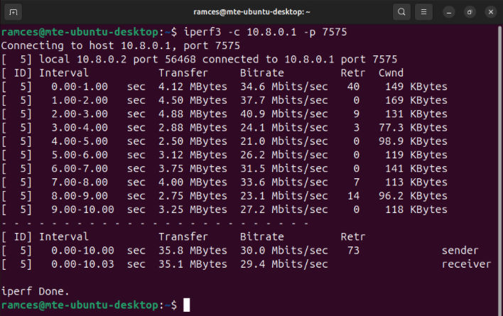 A terminal showing the iperf3 results between two OpenVPN nodes.