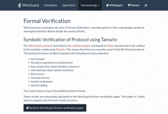 A screenshot showing the webpage for WireGuard's formal verification papers.