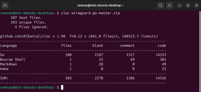 A terminal showing the overall amount of code present in WireGuard's Go implementation.