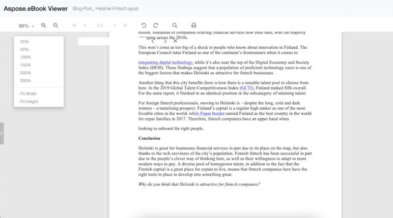 The ASPOSE ePUB Reader With a Document Uploaded