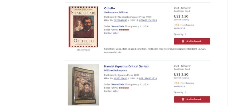 A selection of search results on the AbeBooks website