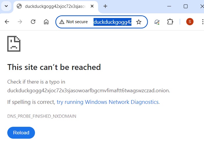 Trying to open DuckDuckGo's onion link on a Google Chrome browser leads to a "can't reached" message.