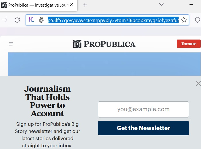 ProPublica, an investigative journalism link, accessible on dark web.