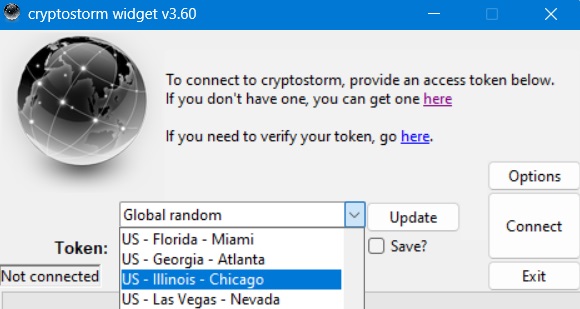 Cryptostorm widget connecting to a U.S. server with a hashed token.