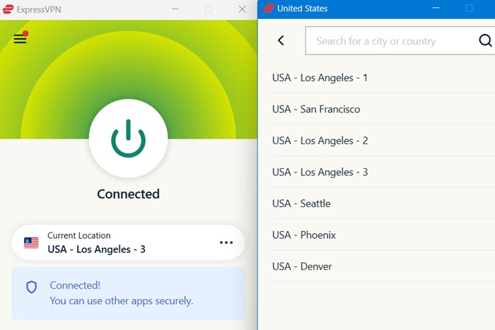 An actively connected ExpressVPN service in Windows.