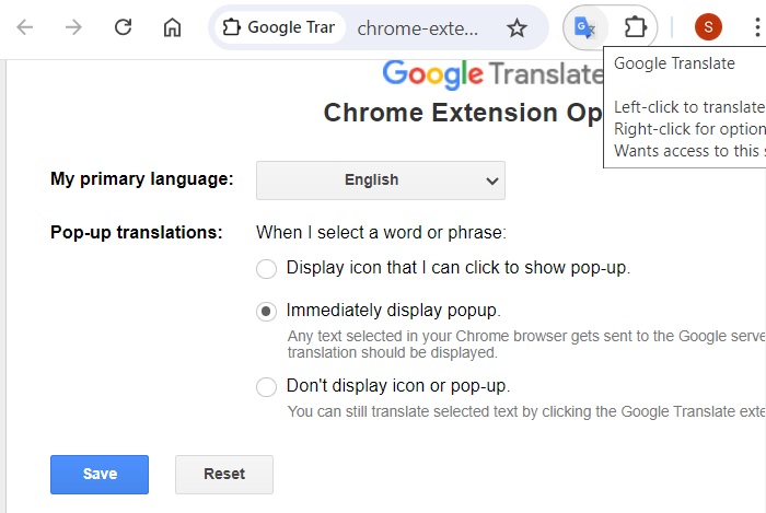Extension settings for Google Translate including whether or not to display pop-up for translation.