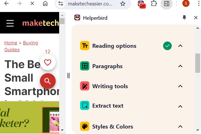 Listing the various readability features of Helperbird extension.