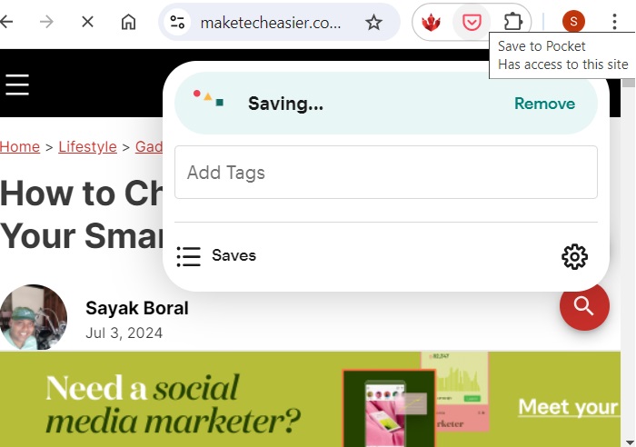 Saving a web page to Pockets Chrome extension.