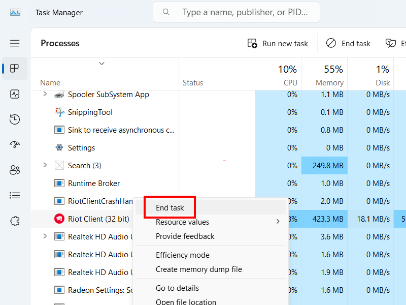 Close Riot Client In Task Manager