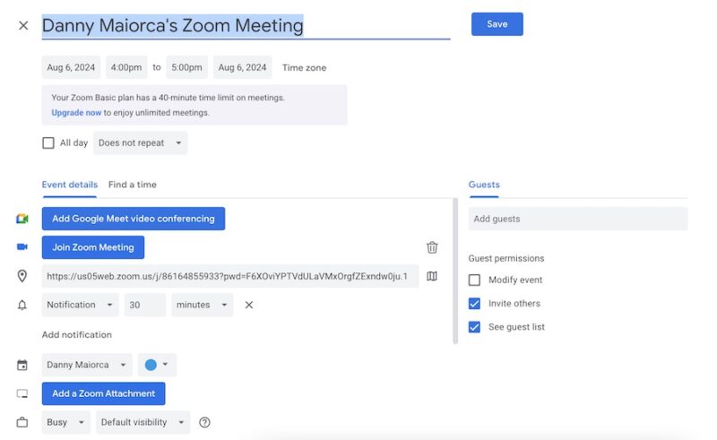 Create a Zoom meeting in Google Calendar via the extension