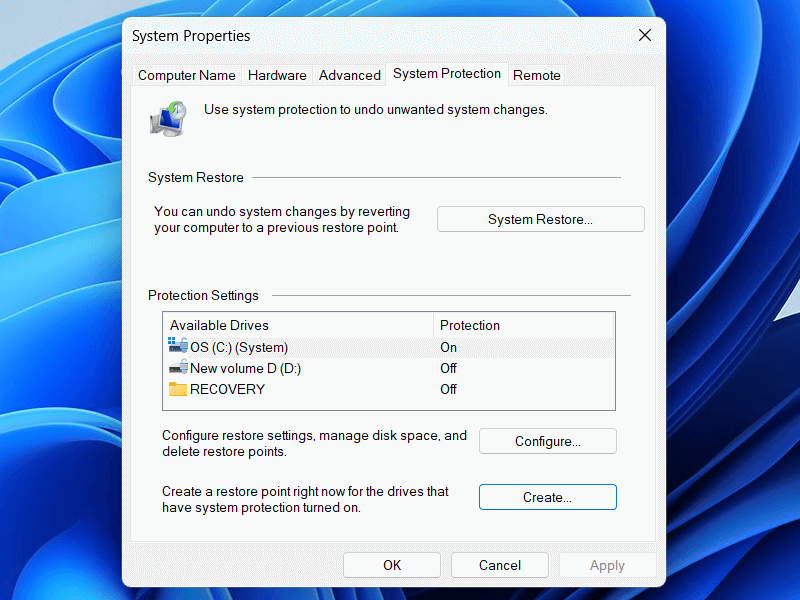 Create a system restore point