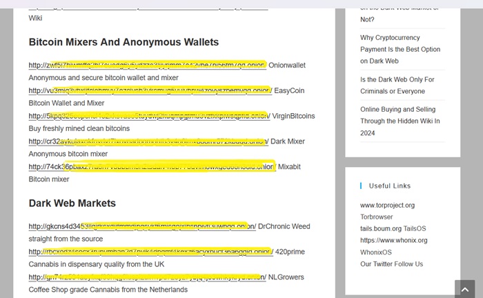 Darknet markets visible through Tor browser. The onion links have been obfuscated.