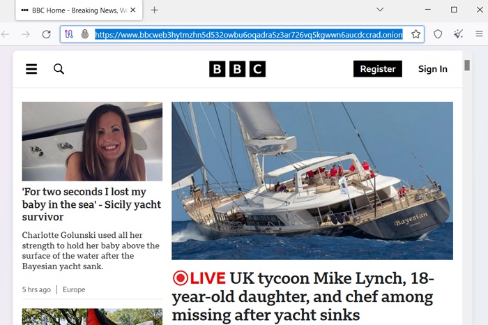 BBC onion link opened in Tor browser.