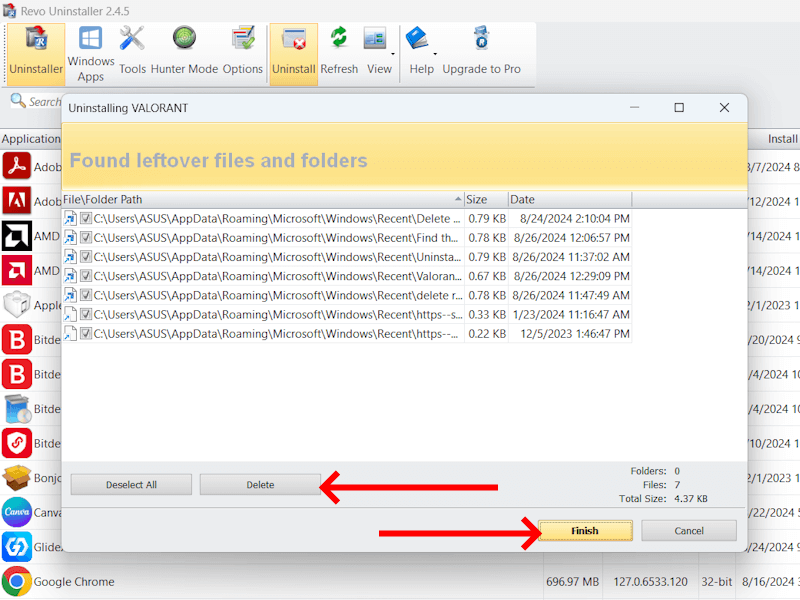 Delete Valorant Residue Files Revo Uninstaller