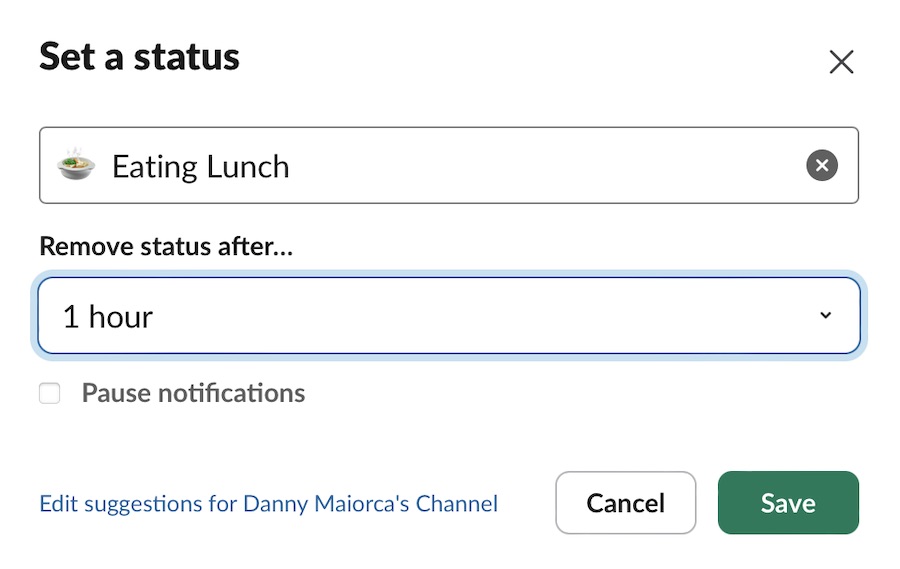slack status showing someone eating lunch